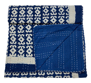 Classic Blue White Geometric Cotton Kantha <b>Quilt</b> Folded All Season Home Decor <b>Bedspread</b> Stitched Design - Product Image 2