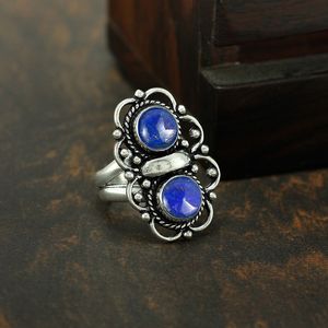 Bague vintage en argent sterling 925 avec lapis-lazuli naturel, bague bohème à deux pierres pour femmes, bijoux ethniques oxydés faits à la main - Product Image 3
