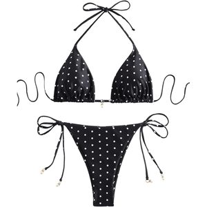 Conjunto de Bikini Personalizado para Mujer con Estampado de Lunares, Top Triangular con Tirantes y Tiras Laterales Ajustables, Tela Elástica - Product Image 1