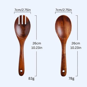Ensemble de cuillères à salade en bois naturel faites à la main |   Ustensiles de cuisine écologiques en 2 pièces |   Compatible lave-vaisselle |   Curio Craft OEM - Product Image 5
