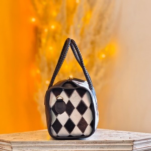 New Black White & Brown Soft Hair Fur Checkered Diamond Pattern <b>Hand</b> Tooled 100% Genuine Leather Material <b>Mini</b> Speedy Duffle Bag - Product Image 4