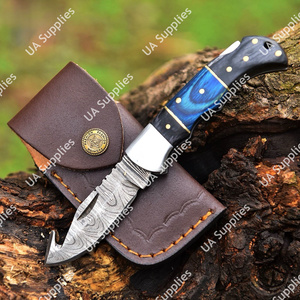 Cuchillo de bolsillo EDC plegable de acero de Damasco hecho a mano, con gancho para tripas, mango de madera Pakka, para camping al aire libre, ODM DIY, ¡Gran oferta! - Product Image 3