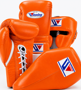 Ensemble de gants de boxe Winning en cuir argenté, protège-tête, gants, protège-glande, lacés, respirants, équipement de boxe pour adulte - Product Image 1