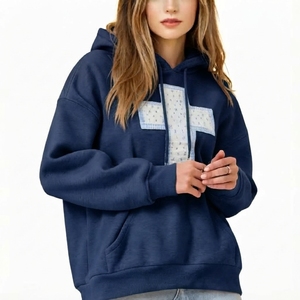 Sudadera con capucha naranja bordada para mujer, con apliques de cruz, hombros caídos, manga larga, forro polar, informal, para invierno - Product Image 3
