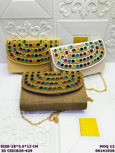 Handmade Satin <b>Clutch</b> Bag with Multicolor Pearl & Stone Embroidery | Women's Ethnic <b>Wedding</b> Evening Party Sling Purse with Chain - Product Image 2
