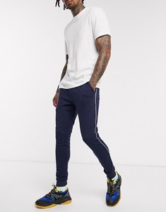 Men's Navy Blue Sweatpants With <b>White</b> Side Stripe Elastic Waist Casual <b>Joggers</b> Midweight Knitted Cotton Breathable Autumn Wear - Product Image 1