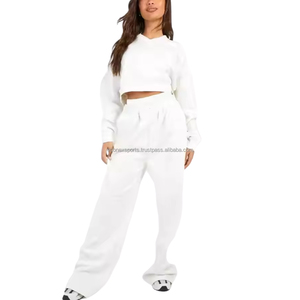 Conjunto de 2 piezas bordado con hombros caídos y logotipo personalizado, pantalones de chándal de gran tamaño, sudadera con capucha, Tops cortos, pantalones para correr, sudadera de calidad en blanco - Product Image 4