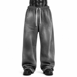 Pantalon de jogging déchiré gris délavé en polyester pour homme, taille haute, cordon de serrage, décontracté, poches latérales, tricoté mi-lourd, automne - Product Image 1