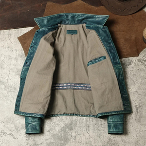 Blouson de moto en cuir véritable vert pour homme, col montant, fermeture éclair, coupe classique, idéal pour l'hiver, logo frontal apparent - Product Image 6