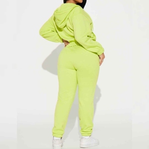 Conjunto Deportivo Verde Lima para Mujer, Talla Grande, Sudadera con Capucha y Pantalones Largos con Cordón, Color Sólido, Estilo Casual - Product Image 2