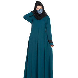 Teal Long Sleeve Floor Length Abaya With Lace Cuffs Round <b>Neck</b> Loose Fit Modest Dress For Women Middle East Style Daily Wear - Product Image 4