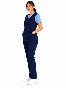 Blusa Médica Azul Marino para Mujer con Mangas Azul Claro y Diseño de Cuello en V, Uniforme Sanitario y Conjunto de Ropa de Trabajo para Enfermeras - Product Image 3