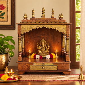 Mandir Tradicional de Madera para el Hogar, Templo Hindú Art Deco Hecho a Mano, Pintado a Mano con Detalles en Cobre, para Pooja, Cumpleaños, Aniversario - Product Image 1