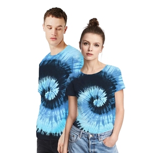 Camiseta de Manga Corta con Cuello Redondo y Estampado Tie-Dye para Hombre y Mujer, Informal, Tejida, 100% Algodón, Transpirable, Corte Regular, Diseño Azul Estampado - Product Image 1