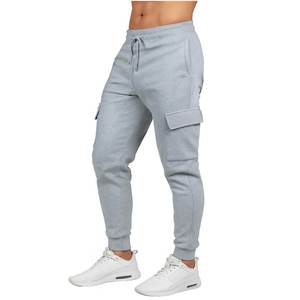 Pantalon de survêtement cargo gris uni pour homme, coupe slim, taille élastique, cordon de serrage, plusieurs poches, décontracté, pour l'automne - Product Image 1