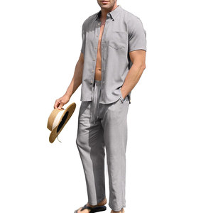 Premium Men's Two Piece Co Ord Set Short Sleeve Camp Collar Shirt Regular Fit Full Length Trousers Elastic Waist 100% Cotton - Product Image 1