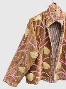 Veste en velours brodée de fleurs, col châle, manches longues, grande taille, vêtements d'automne pour femmes, style Prairie Chic - Product Image 4