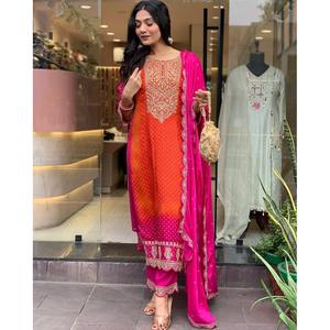 DESIGNER CHINON EMBROIDERY SEQUENCE WORK <b>TOP</b> PANT WITH DUPATTA PINK - Product Image 1