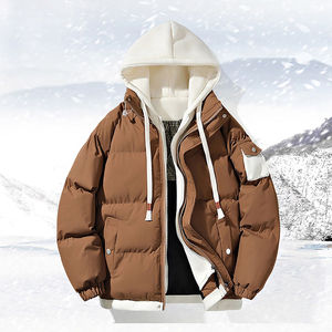 Blouson matelassé à capuche pour homme, marron, avec blocs de couleur, coupe ample, épais, pour l'hiver, en duvet, décontracté, avec empiècements, chaud - Product Image 1
