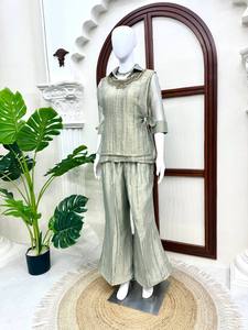 Green Linen <b>Indian</b> Pakistani Set Embroidered Collar Loose Fit Short Sleeve <b>Top</b> and Wide Leg Pants Summer Wear - Product Image 5
