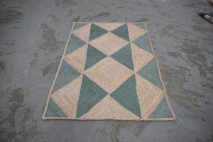 Tapis géométrique en jute rectangulaire style scandinave à poils ras écologique pour salon tissage plat beige et vert sarcelle - Product Image 2