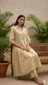 Conjunto de Pantalón y Kurta Largo para Mujer, Cuello en V, Corte Regular, Estilo Étnico Festivo, Tela de Lona, Estilo Indio-Pakistaní - Product Image 2