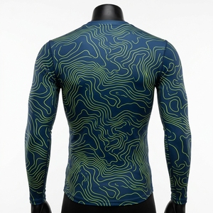 Men <b>Long</b> <b>Sleeve</b> <b>Compression</b> <b>Shirt</b> Navy Green Contour Graphic Mock Neck Gym Fitness Running Training Sportswear Base Layer - Product Image 4