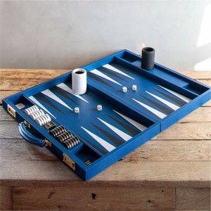 Jeu de backgammon de luxe portable en cuir bleu, jeu de voyage avec serrure à combinaison et accessoires, ensemble de jeu de backgammon en cuir - Product Image 1