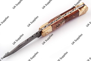 Couteau de poche pliant en acier Damas, gravé à la main, avec manche en laiton, cor de bélier et bois de rose, personnalisable OEM/ODM, couteau de camping, faibles MOQ - Product Image 3