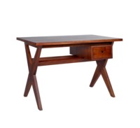 Set Scrivania e Sedia da Ufficio Moderno Mid-Century in Legno Massello con Gambe a X, con Contenitore, Intreccio in Rattan Fatto a Mano, Durevole e Personalizzabile