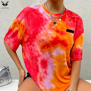 T-shirt en tricot tie-dye pour femmes, col rond, manches courtes, polyester 95% élasthanne 5%, style pull, t-shirts oversize - Product Image 5