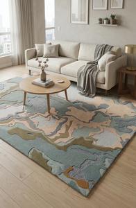 Tapis d'appoint moderne et artistique en laine tuftée à la main, bleu vert ivoire abstrait, à poils moyens, antidérapant, pour salon et chambre à coucher - Product Image 6