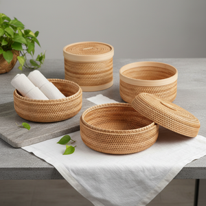 Eco Style Rattan Basket with Lid Handwoven Fruit Serving Basket <b>for</b> Kitchen Dining and Home Decor <b>Storage</b> - Product Image 2