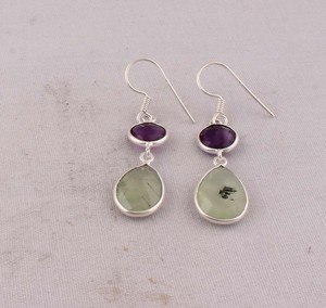 Natural Prehnite & Amethyst <b>Earrings</b> 925 Sterling Silver Multi-Stone Drop <b>Earrings</b> <b>Handmade</b> Wholesale Gemstone Jewelry - Product Image 1