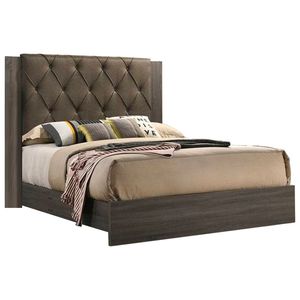 Letto matrimoniale moderno 1 pezzo con testiera trapuntata, finitura grigia, in legno di gomma, mobili per camera da letto, letto imbottito - Product Image 5