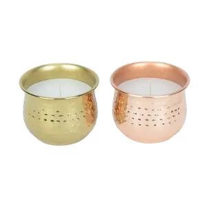 Ensemble de 2 pots à bougies classiques, diamètre 10,3 cm, hauteur 8 cm, récipients en métal martelé, finition or et cuivre, accent décoratif pour la maison - Product Image 1