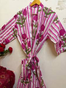 Peignoir Kimono en Coton Imprimé Floral de Luxe pour Femme, Léger, Respirant, Col en V, Manches 3/4, Fermeture à Cordon, Vente en Gros - Product Image 4