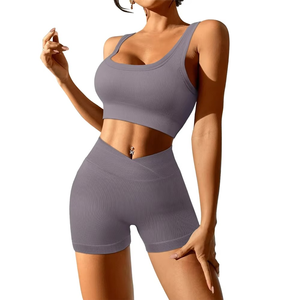 New Women Compression Soft Lightweight Gym Wear Seamless OEM Design <b>Back</b> Yoga Sets Short Women Yoga Short Sets - Product Image 1