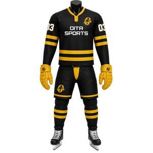 Black Gold Ice Hockey Set for Men Complete Jersey Shorts Socks Gloves Breathable <b>Athletic</b> Team Match Training Uniform - Product Image 1