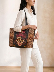 Hand Tooled Leather Large (>50cm) Weekender Duffel Bag Large Capacity Portable Shoulder Length Handle <b>Travel</b> <b>Tote</b> Zipper Closure - Product Image 4