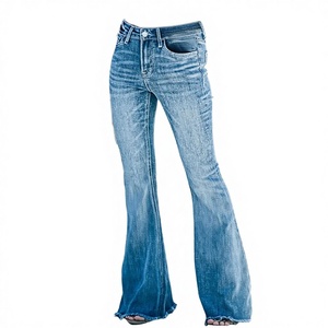 Jean évasé taille haute pour femme en denim bleu clair délavé, style vintage décontracté, longueur intégrale, en coton déchiré, style automne - Product Image 4