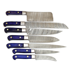 Ensemble de 7 couteaux en acier Damas avec manche en bois, lame polie, bord droit tranchant, couteaux de cuisine ambidextres - Product Image 1