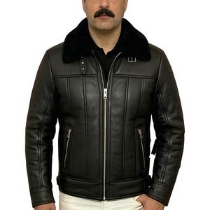 Black Leather Jacket With Black Fur Collar Winter Shearling B3 <b>Coat</b> Genuine Sheepskin Warm Fleece <b>Lined</b> Biker Jacket - Product Image 1