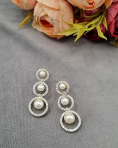 Circular Link Designer Gold Plated <b>Necklace</b> <b>Set</b> <b>Pearl</b> Center Motif And Matching Triple Circle Earrings For Party Wear Collection - Product Image 4