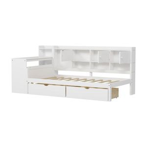Letto a giorno a forma di L in legno per bambini con 7 armadietti e 2 cassetti, letto multifunzionale con scrivania - Product Image 4