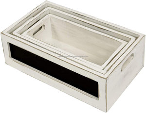 Trắng Rửa Gỗ Làm Tổ Lưu Trữ Thùng Với Bảng Điều Khiển Phía Trước Bảng Đen Và Cutout Xử Lý, Trang Trí Làm Tổ Hộp Gỗ Để Lưu Trữ - Product Image 2