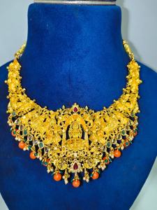 Collar Tradicional Indio de la Diosa Lakshmi, Gargantilla Nupcial Chapada en Oro con Cuentas de Rubí y Esmeralda, Joyería Étnica - Product Image 2