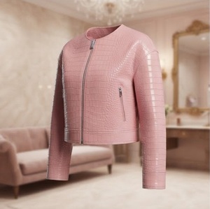 Chaqueta Bomber de Cuero PU con Estampado de Cocodrilo Rosa para Mujer, Cuello Redondo, Manga Larga, Cierre de Cremallera, Largo Regular, Otoño - Product Image 4
