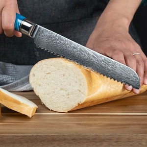 Custom Handmade Chef <b>Bread</b> <b>Knife</b> in Damascus Steel Resin+wood Ambidextrous Handle Modern Design Leather Sheath - Product Image 3