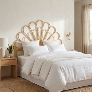 New modern minimalist boho <b>rattan</b> sunburst headboard <b>bed</b> <b>frame</b> wood eco friendly double queen bedroom furniture upholstered <b>beds</b> - Product Image 2